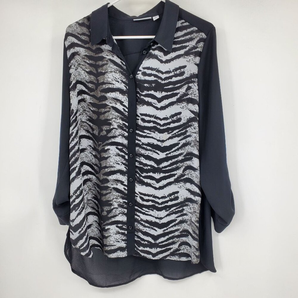 Susan Graver Women's Black and Grey Tiger Print Button Down 3/4 Sleeve Shirt 12